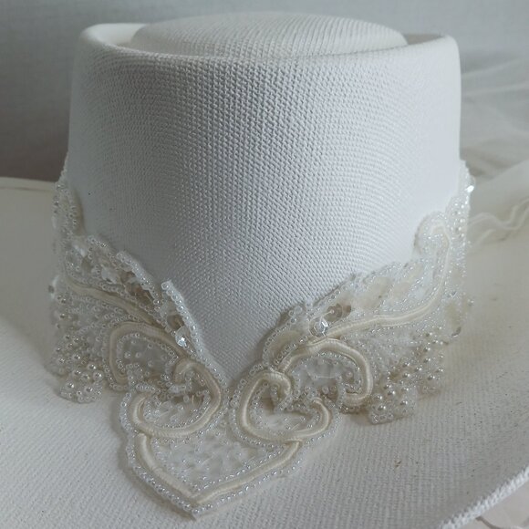 Vintage Western Cowboy Hat Bride Wedding Rhinestone with Veil - Picture 3 of 15